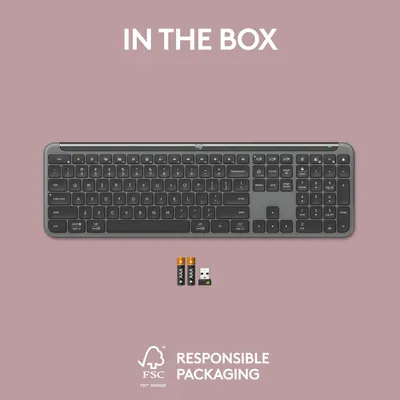 Shows the complete package contents, highlighting that batteries and a USB receiver are included with the keyboard.