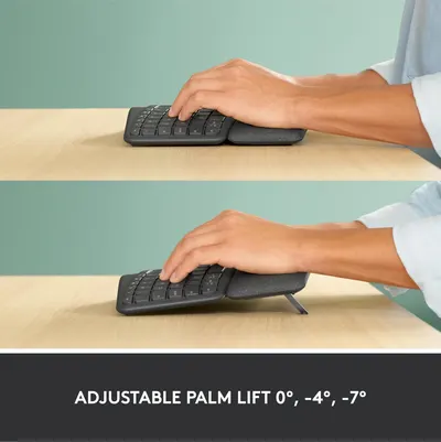 Demonstrates the ergonomic design feature of adjustable palm lift angles to improve typing comfort and reduce wrist strain.