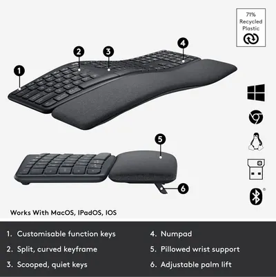 Highlights the key ergonomic and functional features of the keyboard to demonstrate its comfort and usability.