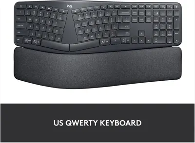Shows the full layout and ergonomic shape of the keyboard to demonstrate its size and comfort features. Highlights the split ergonomic design and integrated wrist rest to showcase the keyboard's…