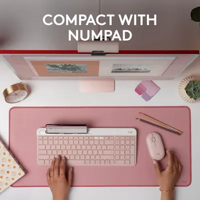 Highlights the keyboard's compact design that still includes a full numpad, appealing to users who want a space-saving keyboard without sacrificing functionality.
