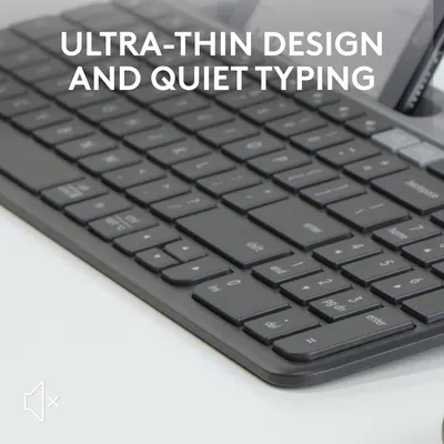 Highlights the keyboard's slim profile and quiet operation to appeal to users who want a sleek, non-disruptive typing experience.