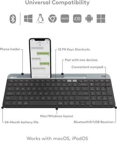 Demonstrates the keyboard's wide compatibility with multiple operating systems and devices to reassure customers it will work with their setup. Highlights multiple key features and benefits of the…