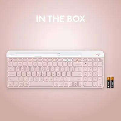 Shows the complete package contents, including the keyboard and batteries, to inform customers of everything they'll receive.