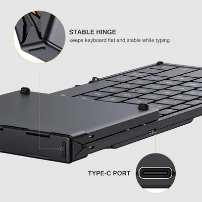 Highlights the keyboard's stable hinge feature that keeps it flat and stable while typing, improving user experience. Shows the keyboard's compatibility with devices using Type-C ports, indicating…