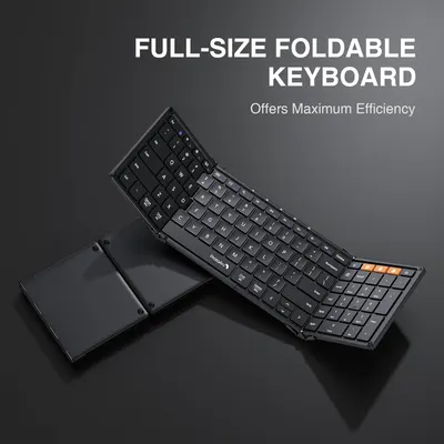 Highlights the product's unique foldable design that offers a full-size keyboard for maximum efficiency while being portable.