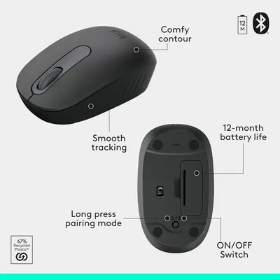 Highlights key features of the mouse including its comfortable shape, long battery life, and Bluetooth connectivity to showcase its user-friendly design and functionality.