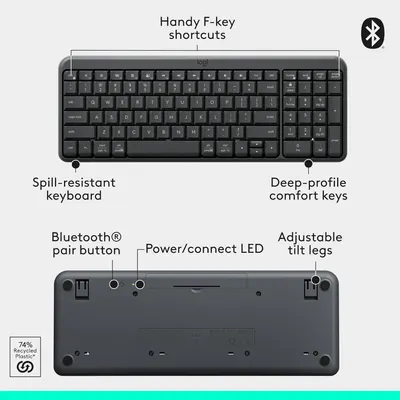 Highlights key features and components of the keyboard to showcase its functionality and design. Demonstrates the keyboard's Bluetooth connectivity and eco-friendly construction using recycled…