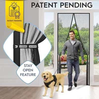 Highlights the product's patented 'stay open' feature that allows the magnetic screen door to remain open when desired. Demonstrates how easily a person and pet can walk through the magnetic screen…