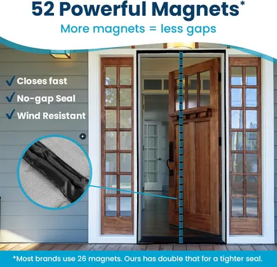 Highlights multiple benefits of the magnetic screen door, emphasizing its superior sealing ability and ease of use compared to competitors. Directly compares the product to other brands, showing it…