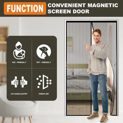 Highlights multiple benefits of the magnetic screen door to show its versatility and convenience for different household needs.