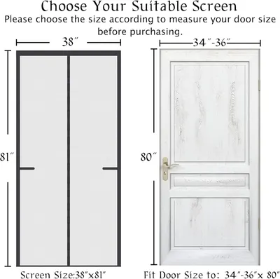 Guides customers in selecting the correct screen size based on their door measurements to ensure proper fit. Provides exact dimensions for two screen sizes and corresponding door sizes to help…