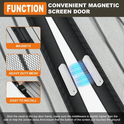 Demonstrates the simple installation process and magnetic closure feature of the screen door, emphasizing its convenience and ease of use. Highlights multiple key features of the magnetic screen…