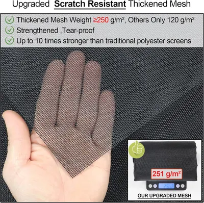Highlights the product's upgraded scratch-resistant and strengthened mesh material, emphasizing its durability and superiority over traditional screens.