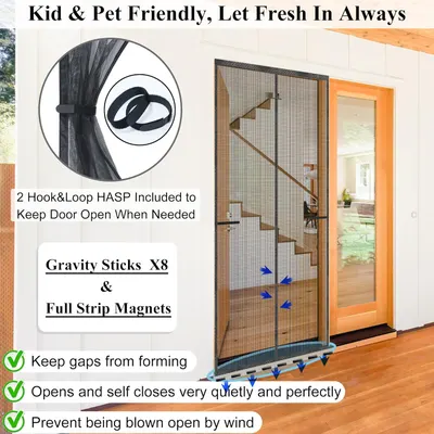 Highlights multiple features of the screen door to show it is family-friendly, easy to use, and stays securely closed. Explains the key components and installation features to reassure customers…