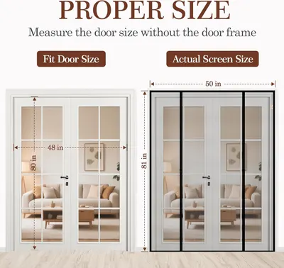 Explains how to properly measure a door for installing a screen, showing the difference between the door size and actual screen size needed.