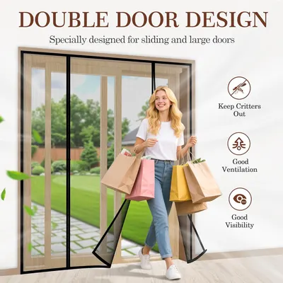 Highlights the product's double door design specifically for sliding and large doors, emphasizing its functionality for keeping out insects while allowing ventilation and visibility.