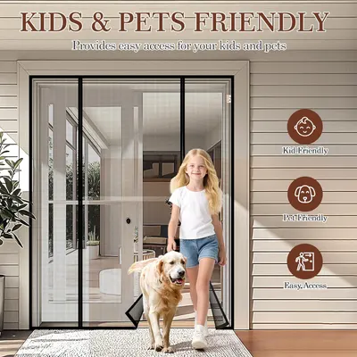 Demonstrates that the product (likely a screen door) is suitable for households with children and pets, providing easy access while keeping insects out.