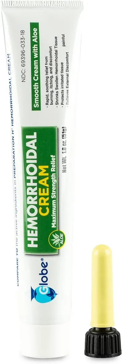 Highlights the product's key ingredient (aloe) and its soothing benefit for hemorrhoid relief.