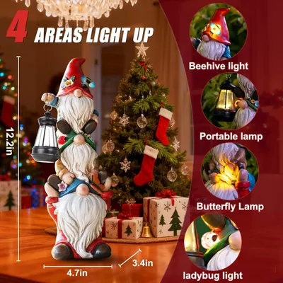 Showcases a festive Christmas gnome decoration with multiple light-up features to create a warm holiday atmosphere. Highlights the product's 4 distinct light-up areas and decorative design to…
