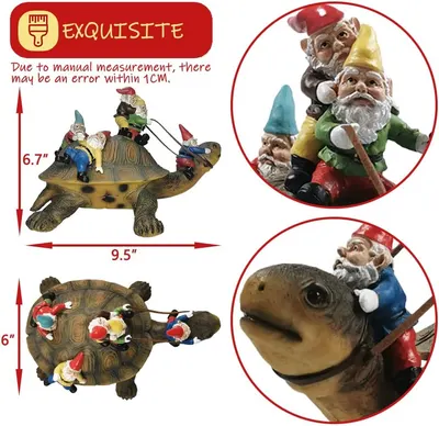 Provides exact measurements of the garden gnome figurine to help shoppers understand its size and proportions. Shows the intricate details and components of the garden gnome figurine, including the…