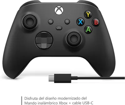 Showcases the design and button layout of the Xbox controller, highlighting the included USB-C cable for connectivity.