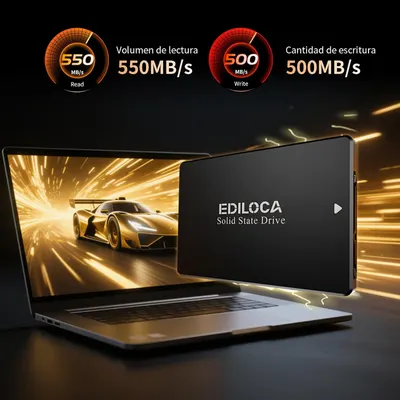 Highlights the fast read and write speeds of the SSD to demonstrate its high performance. Showcases the SSD's fast read/write speeds and its solid state technology to appeal to performance-focused…