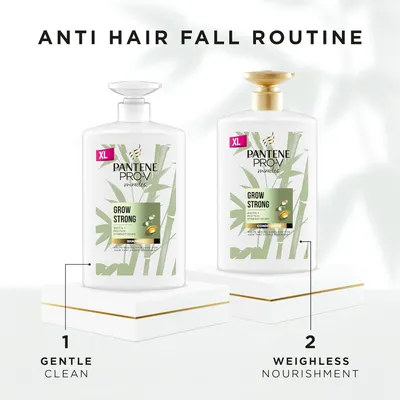 Explains the two-step hair care routine using Pantene Pro-V products to prevent hair fall. Highlights the two key benefits of the shampoo and conditioner: gentle cleaning and weightless nourishment.