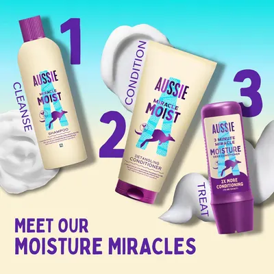 Showcases the complete Aussie Miracle Moist hair care system, highlighting the three-step process for moisturizing hair. Guides customers through the proper order of using the products for optimal…