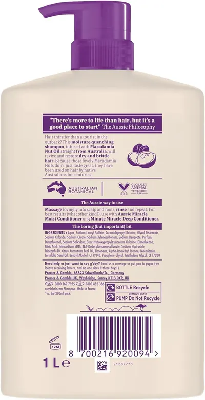 Highlights the shampoo's ability to revive and restore dry and brittle hair using Macadamia Nut Oil from Australia.