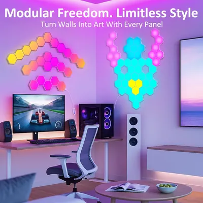 Demonstrates the versatility of the modular lighting panels as both functional lighting and decorative wall art. Highlights the product's modular nature, allowing users to create custom shapes and…