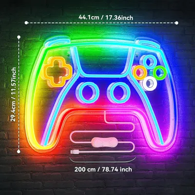 Provides exact dimensions of the neon game controller sign to help customers understand its size and determine if it fits their space. Showcases the vibrant, colorful neon design of the game…