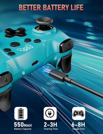 Highlights the improved battery capacity and usage time of the gaming controller to appeal to gamers who want longer play sessions.