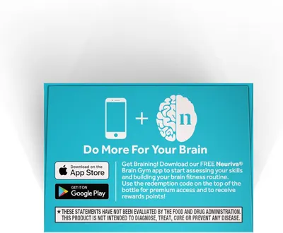 Guides customers on how to download and use the Neuriva Brain Gym app to assess skills and build a brain fitness routine. Shows that the app is compatible with both iOS (App Store) and Android…