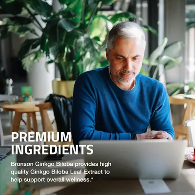 Highlights the high quality Ginkgo Biloba Leaf Extract used in the product to emphasize its effectiveness for supporting overall wellness.
