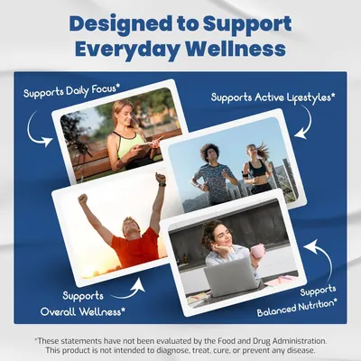 Showcases multiple wellness benefits of the product to appeal to health-conscious consumers looking for comprehensive support in their daily lives.