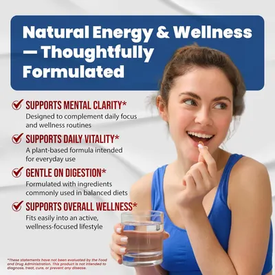 Highlights multiple benefits of the product to showcase its comprehensive approach to natural energy and wellness support.