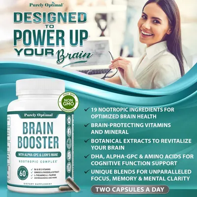 Highlights multiple benefits of the Brain Booster supplement, emphasizing its comprehensive approach to improving brain health and cognitive function.