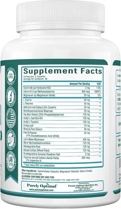 Highlights safety certifications and quality standards to build trust in the product's safety and effectiveness. Provides detailed information about serving size, ingredients, and nutritional…