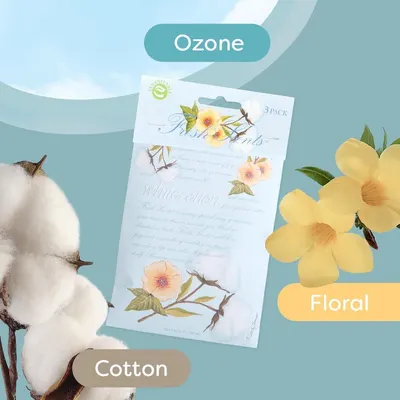 Highlights the product's unique scent combination of ozone, floral, and cotton to appeal to customers looking for a fresh, clean fragrance.