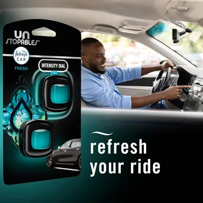 Highlights the product's ability to refresh and deodorize a car's interior, emphasizing the 'refresh your ride' benefit.