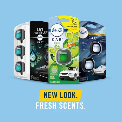 Showcases the new look and variety of fresh scents available in the Febreze Car air freshener product line.