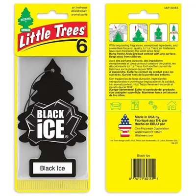 Reinforces the Little Trees brand identity and showcases their Black Ice scent product.
