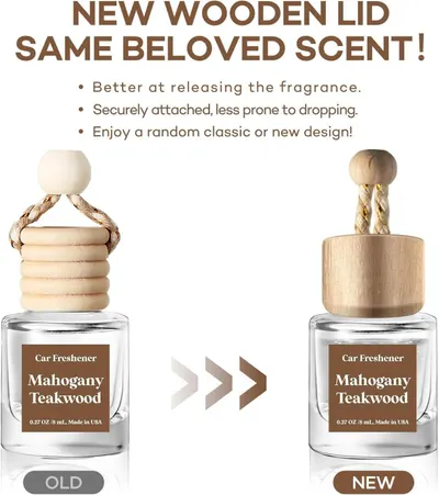 Highlights the product's new wooden lid design and its benefits of better fragrance release and more secure attachment.