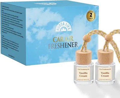 Shows the complete product package, highlighting that customers receive two car air fresheners in vanilla cream scent. Emphasizes the product is made in the USA, which may imply higher quality and…