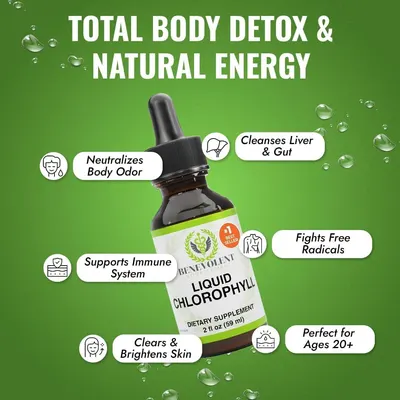 Highlights multiple health benefits of the liquid chlorophyll supplement, including detoxification, energy boost, immune support, and skin improvement.