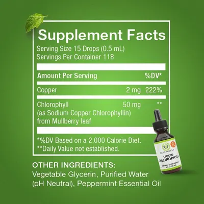 Provides detailed nutritional information and serving size details for the chlorophyll supplement, allowing customers to understand its composition and recommended usage.