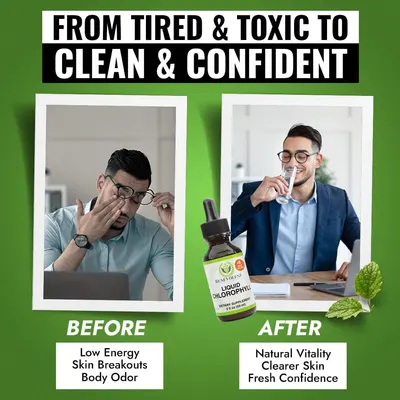 Demonstrates the transformative effects of using the liquid chlorophyll supplement, showing improved energy, skin clarity, and confidence.