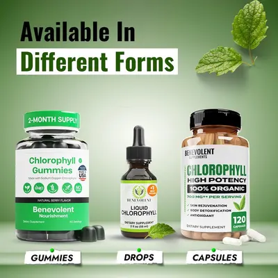 Showcases the different forms of chlorophyll supplements available (gummies, drops, capsules) to highlight product variety and options for customers.