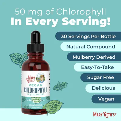 Highlights the high chlorophyll content per serving and the number of servings per bottle to emphasize the product's potency and value. Showcases multiple product features to appeal to…